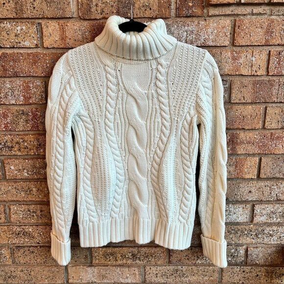 Lands' End Women's XS Ivory Cable Knit Turtleneck Sweater - Picture 1 of 4